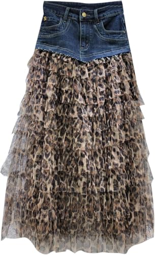 FZKun Vintage Denim Spleißen Leopard Mesh Lange Puffy Rock Damen Hohe Taille Jeans Gepard Patchwork Lange Röcke, 4, 38 FZKun Vintage Denim Spleißen Leopard Mesh Lange Puffy Rock Damen Hohe Taille Jeans Gepard Patchwork Lange Röcke, 4, 38 von FZKun