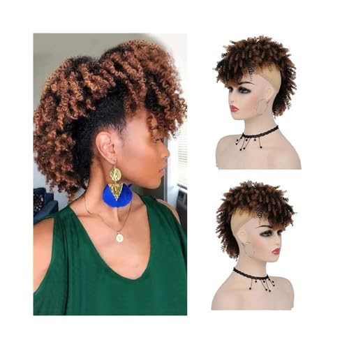 Haarteile Afro High Puff Bun Mohawk Pferdeschwanz mit Pony Kurze verworrene lockige Pferdeschwanz-Haarteile for schwarze Frauen Täglicher Gebrauch(1BT30) von FZL02068LM