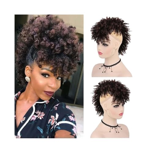 Haarteile Afro High Puff Bun Mohawk Pferdeschwanz mit Pony Kurze verworrene lockige Pferdeschwanz-Haarteile for schwarze Frauen Täglicher Gebrauch(1BT33) von FZL02068LM