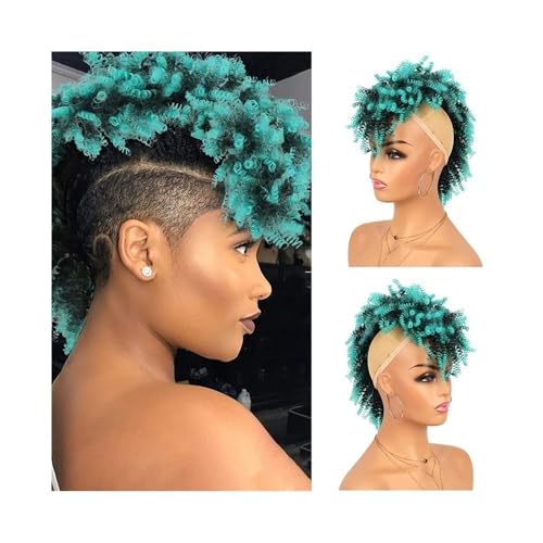 Haarteile Afro High Puff Bun Mohawk Pferdeschwanz mit Pony Kurze verworrene lockige Pferdeschwanz-Haarteile for schwarze Frauen Täglicher Gebrauch(1BTBlue) von FZL02068LM