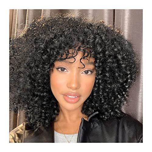 Perücken 14-Zoll-Afro-Locken-Perücke for schwarze Frauen #1B Schwarze Afro-Bomben-Locken-Perücke mit Pony Hitzebeständige Synthetikfaser Glueless Kinky Curly Perücken Perücke von FZL02068LM