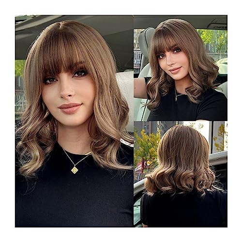 Perücken Braune kurze gewellte synthetische Perücken mit Pony, natürliche Bob-Haarperücke for Frauen, tägliche Cosplay-Party, hitzebeständig Perücke von FZL02068LM