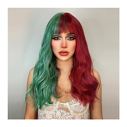 Perücken Grüne und rote lange gewellte Perücken mit Pony, Cosplay, Weihnachten, Halloween, Haar, zweifarbig, Omber, synthetische Perücken for Frauen, hitzebeständig Perücke von FZL02068LM