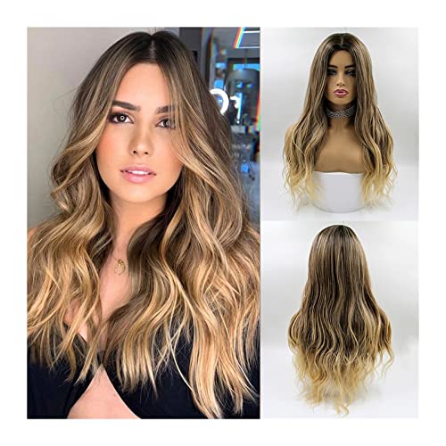 Perücken Lange Ombre dunkelbraune blonde Perücken gewellte lockige synthetische Perücken natürlicher Mittelteil hitzebeständige Perücke for Frauen natürlich aussehende Ombre-Perücken for den täglichen von FZL02068LM