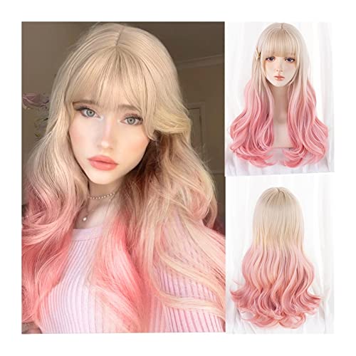 Perücken Lange gewellte Perücke mit Pony, ombreblond bis rosa, natürlich gelockte Perücke for Frauen, hitzebeständige, synthetische, geheiligte Cosplay-Haarperücken Perücke Perücken Lange gewellte Perücke mit Pony, ombreblond bis rosa, natürlich gelockte Perücke for Frauen, hitzebeständige, synthetische, geheiligte Cosplay-Haarperücken Perücke von FZL02068LM
