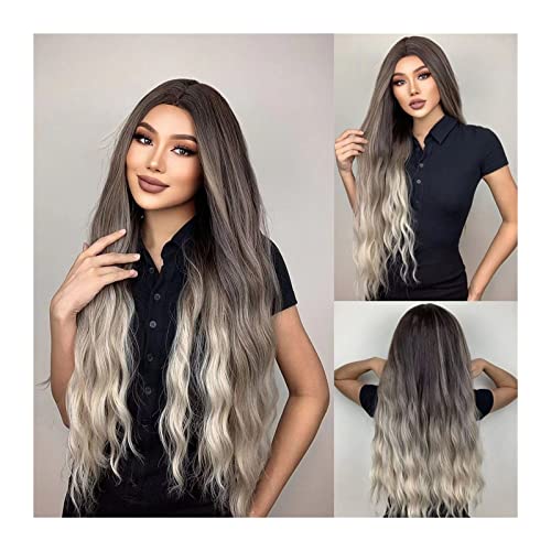 Perücken Lange gewellte lockige Perücke 30 Zoll Ombre Brown Blonde Ash Perücken for Frauen Dark Roots Mittelteil Synthetische Perücke mit natürlichem Haaransatz for die tägliche Party Perücke von FZL02068LM