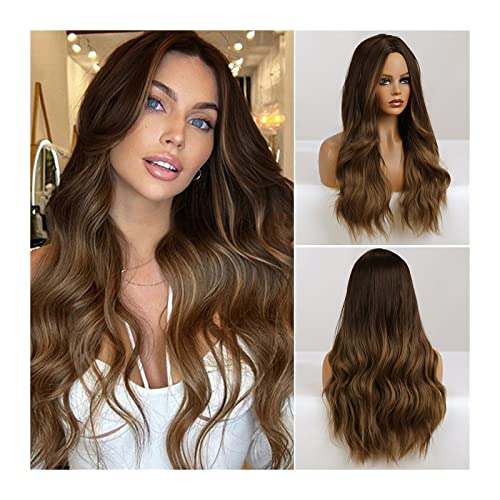 Perücken Lange gewellte ombre-braune Perücken 26" Brauner lockiger Mittelteil Naturhaarperücke for Frauen Synthetische hitzebeständige Fasern Perücken for tägliche Party Cosplay Perücke Perücken Lange gewellte ombre-braune Perücken 26" Brauner lockiger Mittelteil Naturhaarperücke for Frauen Synthetische hitzebeständige Fasern Perücken for tägliche Party Cosplay Perücke von FZL02068LM