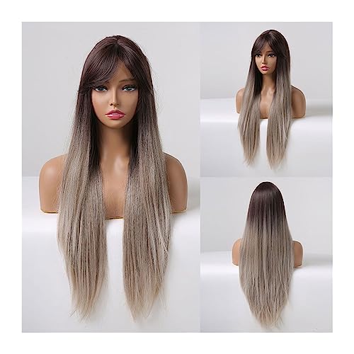 Perücken Lange synthetische Ombre-Braun-Grau-Perücke mit Pony, gerade Cosplay-natürliche Perücken for schwarze Frauen, hitzebeständiges Kunsthaar Perücke von FZL02068LM