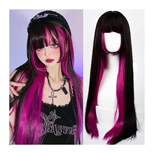 Perücken Rose Red Highlights Schwarze Perücke mit Pony Langes glattes Haar Perücken for Frauen Mädchen Hitzebeständige Synthetische Perücken Party Cosplay Perücken Perücke von FZL02068LM