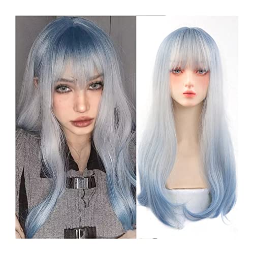 Perücken Silberweiße Perücken mit Pony Lange natürliche gewellte synthetische Perücken for Frauen Blaue Wurzeln Ombre Silberweiße hitzebeständige Faserperücken for das tägliche Cosplay Perücke Perücken Silberweiße Perücken mit Pony Lange natürliche gewellte synthetische Perücken for Frauen Blaue Wurzeln Ombre Silberweiße hitzebeständige Faserperücken for das tägliche Cosplay Perücke von FZL02068LM