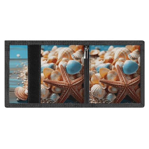 FZMVSQH Herren Geldbörse mit Muscheln und Seestern, minimalistisch, RFID-blockierend, 8 Kreditkartenfächer, 1 Geldscheinfach, Münzfach und Ausweisfenster, schmal, dreifach gefaltete Geldbörsen mit von FZMVSQH