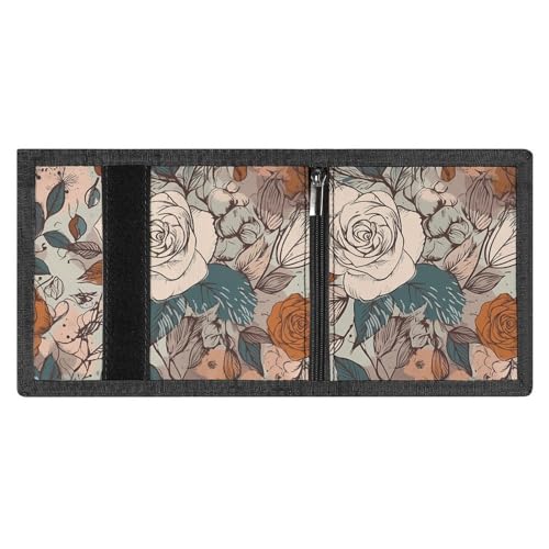 FZMVSQH Herren-Geldbörse mit Retro-Blumenmuster, minimalistisch, RFID-blockierend, 8 Kreditkartenfächer, 1 Geldscheinfach, Münzfach und Ausweisfenster, schmaler Klettverschluss, dreifach gefaltete von FZMVSQH