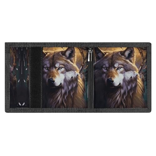 FZMVSQH Wölfe und Traumfänger Herren-Geldbörse, dreifach faltbar, minimalistisch, RFID-blockierende Brieftaschen, 8 Kreditkartenfächer, 1 Geldscheinfach, Münzfach und Ausweisfenster, schmaler von FZMVSQH
