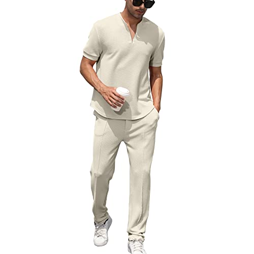 FZNHQL Mode Herren Trainingsanzüge 2 Stück Casual Athletic Jogging Outfits Kurz/Langarm Trainingsanzüge für Männer Set, A-beige, XX-Large von FZNHQL