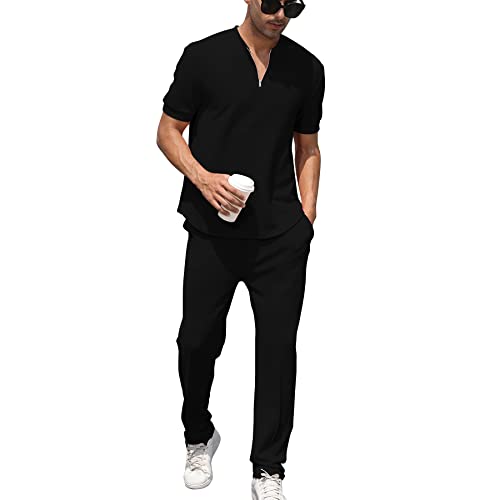 FZNHQL Modische Herren-Trainingsanzüge, 2-teilig, lässig, athletisch, Joggingoutfits, kurz/langärmelig, Trainingsanzüge für Herren, A-Schwarz, Medium von FZNHQL