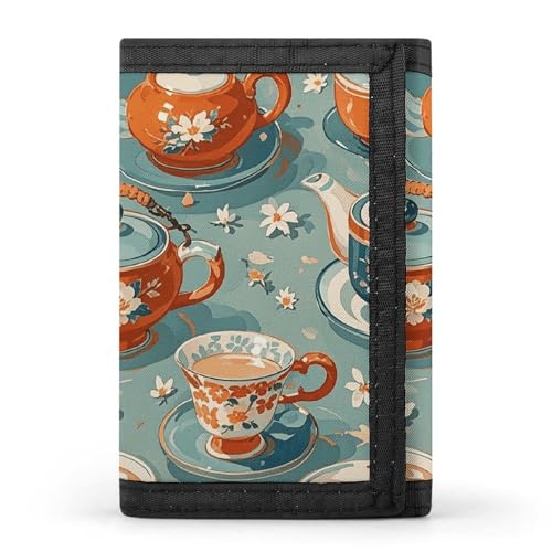 FZQVSGW Dreifach gefaltete Geldbörse mit Weißkopfseeadler und 8 Kartenfächern, Kreditkartenhalter, geteilte Geldtasche, Teekanne und Tasse, Einheitsgröße, Modern von FZQVSGW