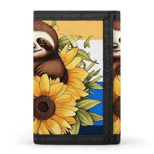 FZQVSGW Dreifach gefaltete Geldbörse mit bunten Blumen und Schmetterlingen, mit 8 Kartenfächern, Kreditkartenhalter, geteilte Geldscheinfach, Cartoon-Faultier sitzt auf Sonnenblume, Einheitsgröße von FZQVSGW