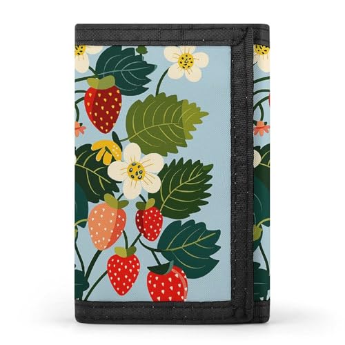 FZQVSGW Geldbörse mit farbigen Totenkopfbildern, dreifach gefaltet, Münzgeldbörse mit 8 Kartenfächern, Kreditkartenhalter, geteilte Geldscheinfach, Erdbeeren und Blumen, Einheitsgröße, Modern von FZQVSGW