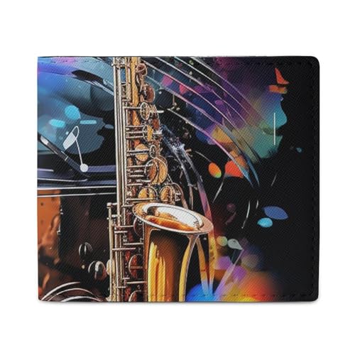 FZQVSGW Orangefarbener Hintergrund mit Pferdekopf-Geldbörse, Ledergeldbörse, schmaler und stilvoller PU-Kartenhalter, kleine Münzbörse, Saxophon und Klavier, Einheitsgröße von FZQVSGW