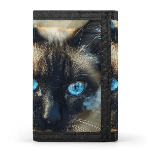 FZQVSGW Schwarze geometrische dreifach gefaltete Geldbörse mit 8 Kartenfächern, Kreditkartenhalter, geteilte Geldscheinfach, Siamesische Katzenkunst, Einheitsgröße, Modern von FZQVSGW