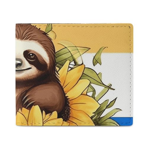 FZQVSGW Sunset Scenery Geldbörse, Leder Bifold Wallet, Slim und Stylish PU Kartenhalter, kleine Münzbörse, Cartoon-Faultier sitzt auf Sonnenblume, Einheitsgröße von FZQVSGW