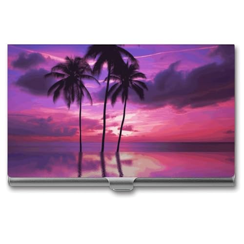 FZQVSGW Visitenkartenetui aus Metall, schmal, Palme, violett, Sonnenuntergang, Kartenhalter für Damen oder Herren, professionelle Geldbörse, Namenskartenhalter, Schnallen-Stil von FZQVSGW