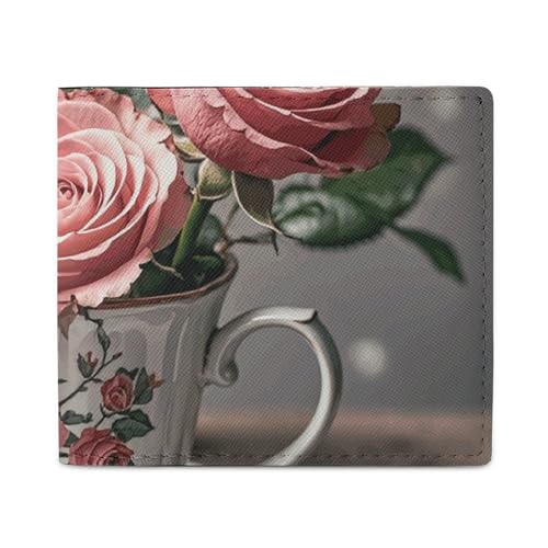 FZQVSGW Weltkrieg Flugzeug Geldbörse, Leder Bifold Wallet, Slim und Stylish PU Kartenhalter, kleine Münzbörse, Teebecher mit Rosen Romantisch Shabby, Einheitsgröße von FZQVSGW