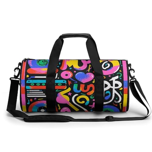 Harp Seal Painting Gym Bag Small Travel Duffle Bag with Compartment Carry On Weekender Bag for Women Men, Musik-Graffiti-Stil, 17.7in/9in/9in von FZQVSGW