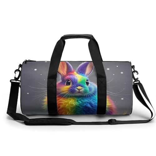 Niedliche Dinosaurier-Sporttasche, kleine Reisetasche mit Fach, Handgepäck, Wochenendtasche für Damen und Herren, Rainbow Rabbit, 17.7in/9in/9in von FZQVSGW