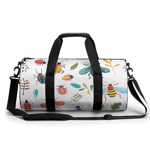 Sporttasche mit Smiley-Gesicht, kleine Reisetasche mit Fach, Wochenendtasche für Damen und Herren, Pastellfarben, Helles Insektenmuster, 17.7in/9in/9in von FZQVSGW