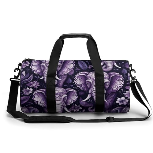 Sporttasche mit weißen Blumen, kleine Reisetasche mit Fach, Wochenendtasche für Damen und Herren, Cartoon Niedlicher Elefant, 17.7in/9in/9in von FZQVSGW