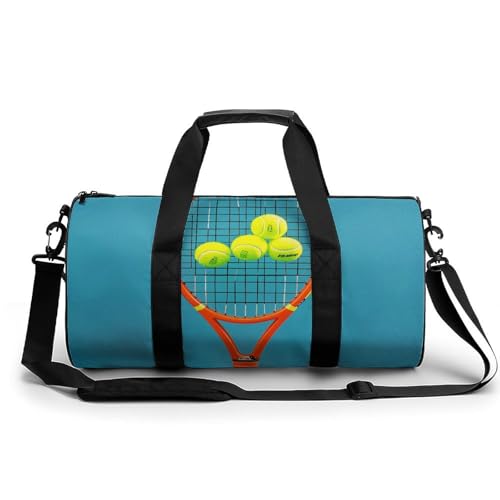 Turnbeutel Reise Feuerwehrmann Seesack mit Fach Workout Tasche Übernachtungstasche für Damen Herren, Lustige Tennisschläger und Tennisbälle., 17.7in/9in/9in von FZQVSGW