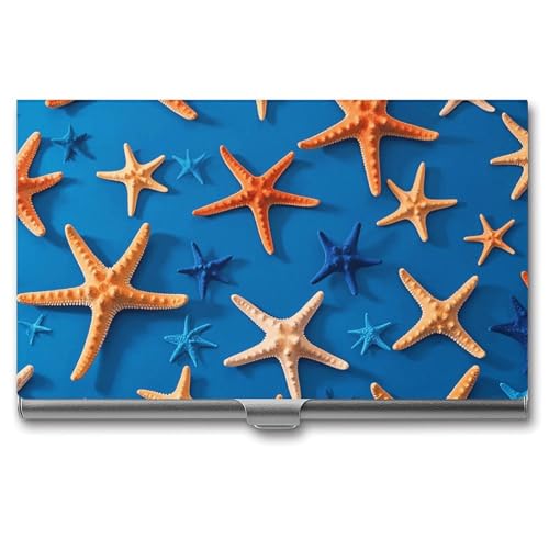 Visitenkartenhalter Professionelles Visitenkartenetui Metall Namenskartenhalter Kunst Visitenkarte Blauer Hintergrund mit vielen Seestern Organizer Slim Pocket Kartenhalter für Männer Frauen von FZQVSGW