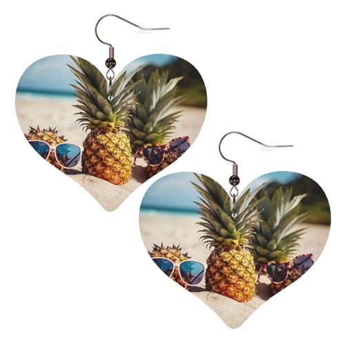 Ananas-Frucht-Sonnenbrille, Sand, Strand, Leder-Ohrringe für Damen, Herz-Ohrringe, leicht, baumelnde Ohrringe, Schmuckgeschenke von FZQVSLCM