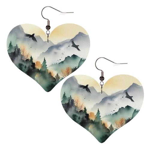 Bergvögel, Aquarell-Leder-Ohrringe für Damen, Herz-Ohrringe, leicht, baumelnd, Schmuck, Geschenke von FZQVSLCM