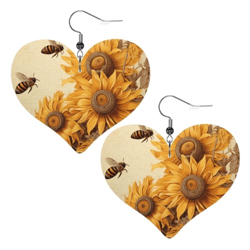 Bienen- und Sonnenblumen-Leder-Ohrringe für Damen, Herz-Ohrringe, leicht, baumelnde Ohrringe, Schmuck, Geschenke Bienen- und Sonnenblumen-Leder-Ohrringe für Damen, Herz-Ohrringe, leicht, baumelnde Ohrringe, Schmuck, Geschenke von FZQVSLCM