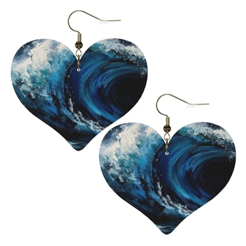 Blaue Wellenmalerei-Leder-Ohrringe für Frauen, Herz-Ohrringe, leicht, baumelnde Ohrringe, Schmuck-Geschenke, One Size, Kein Edelstein von FZQVSLCM