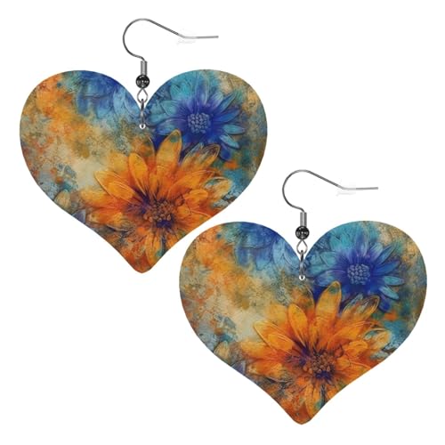 Blaue und orangefarbene Blumen-Leder-Ohrringe für Damen, Herz-Ohrringe, leichte baumelnde Ohrringe, Schmuck-Geschenke Blaue und orangefarbene Blumen-Leder-Ohrringe für Damen, Herz-Ohrringe, leichte baumelnde Ohrringe, Schmuck-Geschenke von FZQVSLCM