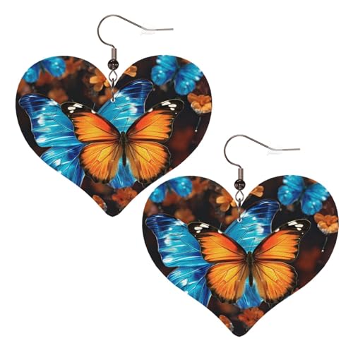 Blaue und orangefarbene Schmetterlings-Leder-Ohrringe für Damen, Herz-Ohrringe, leicht, baumelnde Ohrringe, Schmuck-Geschenke von FZQVSLCM
