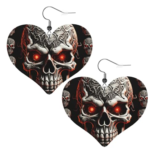 Böser Totenkopf-Leder-Ohrringe für Damen, Herz-Ohrringe, leicht, baumelnd, Schmuck, Geschenke von FZQVSLCM