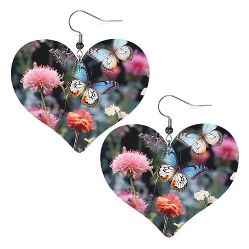 Bunte Blumen und Schmetterlinge, Leder-Ohrringe für Damen, Herz-Ohrringe, leicht, baumelnde Ohrringe, Schmuck, Geschenke, One Size, Kein Edelstein von FZQVSLCM