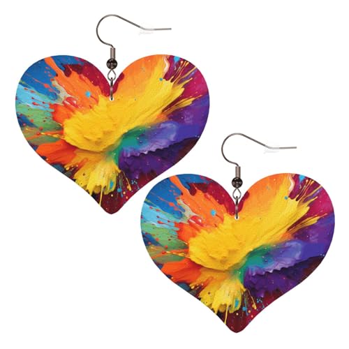 Bunte Farbspritzer, Kunst-Leder-Ohrringe für Damen, Herz-Ohrringe, leicht, baumelnde Ohrringe, Schmuck, Geschenke von FZQVSLCM