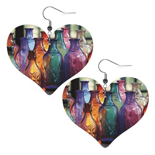 Bunte Glasflaschen-Leder-Ohrringe für Damen, Herz-Ohrringe, leicht, baumelnd, Schmuck, Geschenke, One Size, Kein Edelstein von FZQVSLCM
