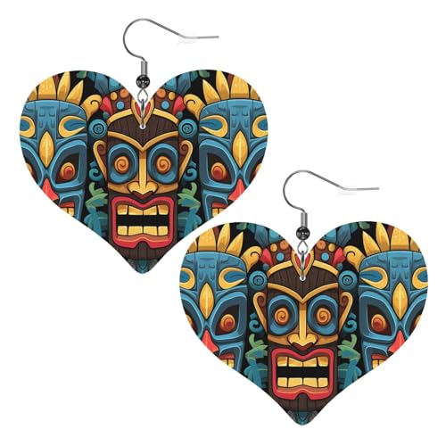 Bunte Tiki-Masken-Muster, Leder-Ohrringe für Damen, Herz-Ohrringe, leicht, baumelnde Ohrringe, Schmuck, Geschenke Bunte Tiki-Masken-Muster, Leder-Ohrringe für Damen, Herz-Ohrringe, leicht, baumelnde Ohrringe, Schmuck, Geschenke von FZQVSLCM
