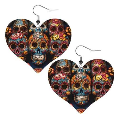 Bunte Totenkopf-Leder-Ohrringe für Damen, Herz-Ohrringe, leicht, baumelnde Ohrringe, Schmuck, Geschenke, One Size, Kein Edelstein von FZQVSLCM