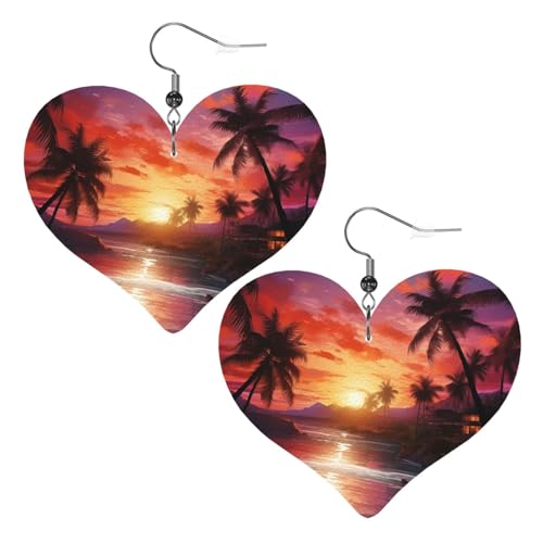 Bunte tropische Sonnenuntergangs-Leder-Ohrringe für Frauen, Herz-Ohrringe, leicht, baumelnde Ohrringe, Schmuck-Geschenke, One Size, Kein Edelstein von FZQVSLCM