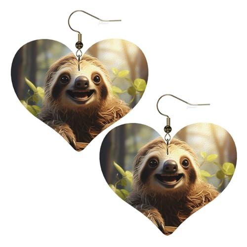 Cartoon-Faultier-Leder-Ohrringe für Damen, Herz-Ohrringe, leicht, baumelnd, Schmuck, Geschenke von FZQVSLCM