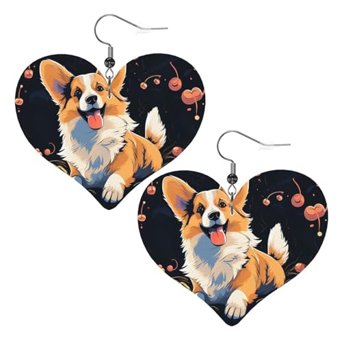 Corgi Hund auf dunklem Hintergrund, Leder-Ohrringe für Frauen, Herz-Ohrringe, leicht, baumelnde Ohrringe, Schmuckgeschenke Corgi Hund auf dunklem Hintergrund, Leder-Ohrringe für Frauen, Herz-Ohrringe, leicht, baumelnde Ohrringe, Schmuckgeschenke von FZQVSLCM
