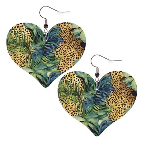 Damen-Ohrringe mit Leopardenmuster, Leder, Herz-Ohrringe, leicht, baumelnd, Schmuck, Geschenke von FZQVSLCM