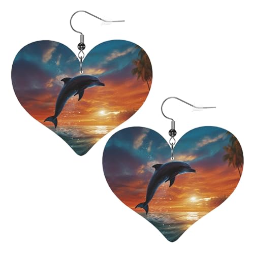 Delfine und Palmen Leder-Ohrringe für Damen, Herz-Ohrringe, leicht, baumelnde Ohrringe, Schmuckgeschenke von FZQVSLCM